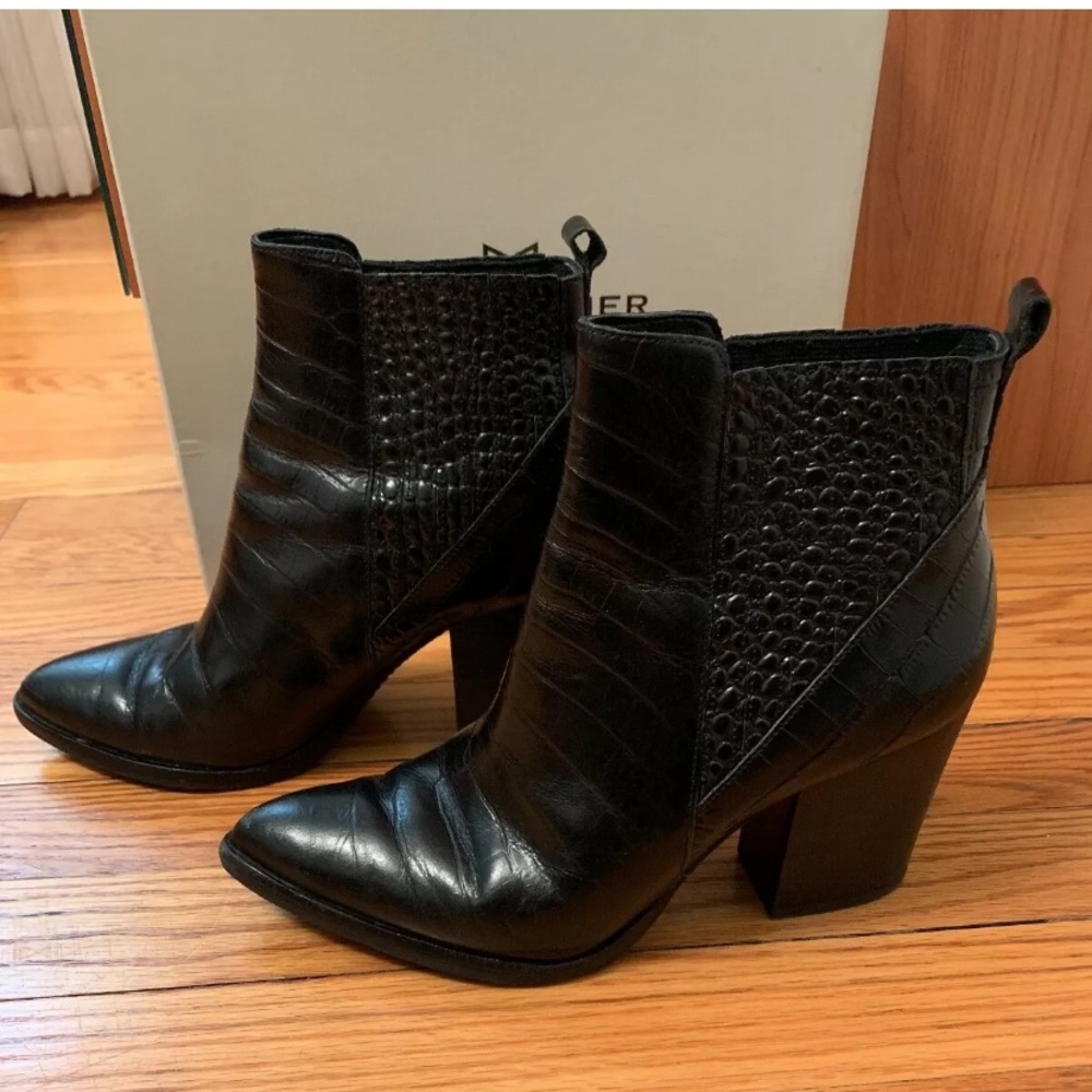 Marc Fisher Pointed Black Croc Embossed Booties